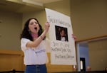 Juli Castro, a senior at PSU, chants "say their names" at a special Board of Trustees meeting regarding campus public safety polices at Portland State March 7, 2018.