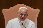 Pope Leo XIV speaks during the presentation of his first encyclical, "Magnifica humanitas: On Safeguarding the Human Person in the Time of Artificial Intelligence," at the Vatican, Monday, May 25, 2026. (AP Photo/Alessandra Tarantino)