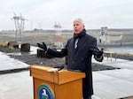 U.S. Energy Secretary Chris Wright gives a press conference overlooking Ice Harbor Dam on the Snake River.
