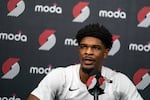 Portland Trail Blazers point guard Scoot Henderson speaks in a press conference at the Portland Trail Blazers Media Day at the Moda Center in Portland, Ore., on Sept. 28, 2026.