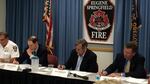  Eugene Fire Chief Randy Groves, Senator Ron Wyden, Senator Jeff Merkley, and Tim Butters, deputy administrator at the Pipeline and Hazardous Materials Administration, lead a discussion on oil train safety in Eugene, Oregon.