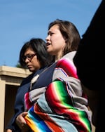 Shana Cole (Klamath, Modoc, Yahooskin), right, sings for people gathered in the worship area at Coffee Creek Correctional Institute in Wilsonville, Ore., May 4, 2019.