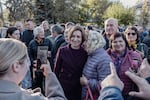 Moldova’s President Maia Sandu poses for a photo with supporters during a campaign event in Telenești, Moldova, October 18, 2024.