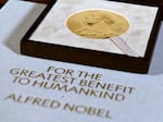 A Nobel diploma and medal are displayed, Tuesday, Dec. 8, 2020, during a ceremony in New York.