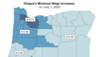 A map of Oregon details what the new minimum wage ($14.75, $13.50 or $12.50 an hour) will be in different sections of the state starting July 1, 2022.