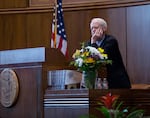 Democratic Oregon Senate President Peter Courtney watches from the dais in the Senate chambers at the Oregon Capitol in Salem, Ore., Tuesday, April 2, 2019.