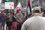 Protesters gathered in front of Pioneer Courthouse in Portland, Ore., on Feb. 28, 2026, to speak out against American military actions in Iran. The U.S. fired multiple missiles into Iran, killing hundreds, including Iran's leader, Ayatollah Ali Khameini.