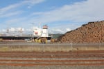 The Coos Bay Rail Line runs along the bay in North Bend, Ore., Sept. 5, 2026.