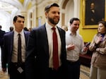 WASHINGTON, DC - FEBRUARY 07: Sen. J.D. Vance (R-OH) (C) leaves a Republican Senate conference meeting at the U.S. Capitol ahead of votes on February 07, 2024 in Washington, DC.