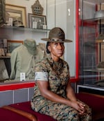 Sgt. Maj. Alkedra Tyler with 1st Recruit Training Battalion poses for a photo inside her company's building at Marine Corps Recruit Depot, Parris Island on August 22 in Beaufort County, S.C.