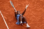 Coco Gauff celebrates after winning her women's singles final match against Belarus' Aryna Sabalenka at the French Open tennis tournament in Paris on Saturday.
