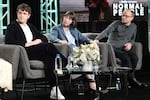 FILE - From left, Paul Mescal, Sally Rooney and Ed Guiney participate in Hulu's "Normal People" panel during the Winter 2020 Television Critics Association Press Tour on Jan. 17, 2020, in Pasadena, Calif.