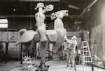 James Lee Hansen working on the sculpture "Autumn Rider" at his studio in 1987.