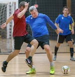 Portland City Commissioner Rene Gonzalez, center, during a league game at Rose City Futsal in Portland, Feb. 12, 2024. 