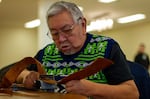 Floyd Warbus, Lummi, traveled over 350 miles from his home in northern Washington to teach at the inaugural Gathering of Native Weavers of Oregon held at the Chinook Winds Casino in Lincoln City, held from March 2-3, 2024.