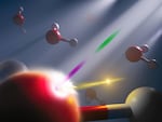 Scientists used a synchronized attosecond X-ray pulse pair (pictured pink and green here) from an X-ray free electron laser to study the energetic response of electrons (gold) in liquid water on attosecond time scale, while the hydrogen (white) and oxygen (red) atoms are ‘frozen’ in time.