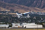 Air Force Two carrying Vice President JD Vance, with the casket of Charlie Kirk on board, flies past the Utah State Capitol while departing from Salt Lake City International Airport last Thursday.