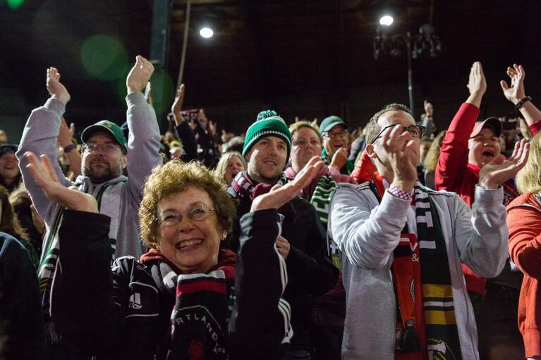 The Portland Thorns celebrate their 2017 NWSL championship with fans at Providence Park Sunday, Oct. 15, 2017.