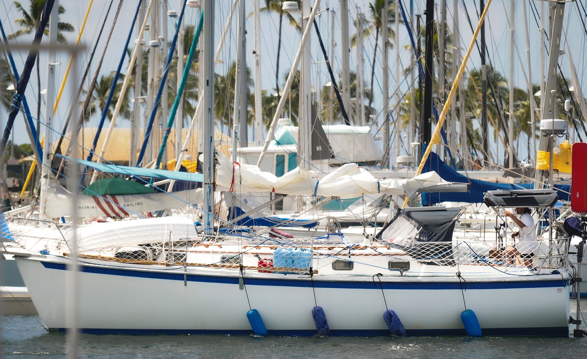 Oliver Widger's sail boat is shown docked at the Waikiki Yacht Club in Hawaii.