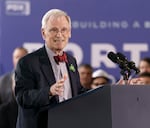 Congressman Earl Blumenauer speaks to the crowd before President Joe Biden took the stage at an Air National Guard hangar at Portland’s airport, April 21, 2022. On October 30, 2023, Rep. Blumenauer announced his decision not to seek reelection after nearly 30 years serving in Congress. 