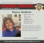 This image provided by the Pima County Sheriff's Department on Feb. 2, 2026, shows a missing person alert for Nancy Guthrie.