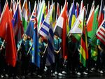 General view as flags of participating countries are carried during the opening ceremony.