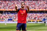 Spain's Mikel Merino (6) celebrates scoring their second goal during the World Cup quarterfinal soccer match between Spain and Belgium in Inglewood, Calif., near Los Angeles, Friday, July 10, 2026.