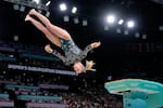Jade Carey, of United States, competes on the vault during a women's artistic gymnastics qualification round at Bercy Arena at the 2024 Summer Olympics, Sunday, July 28, 2024, in Paris, France.