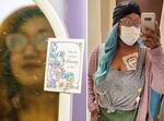 The note on the mirror says, "You are a blessing to me." The selfie shows Deltra James with long, blue hair flowing from a turban. She's wearing a t-shirt with a wide v-neck, so you can see her chemotherapy port just below her collarbone.