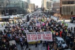 Large crowds gather downtown in subzero temperatures as hundreds of Minnesota businesses close in a statewide “ICE Out” protest and strike against federal immigration enforcement and the expanded ICE operations in Minneapolis, Minnesota, Jan. 23, 2026. Photographed by Erin Trieb for NPR.