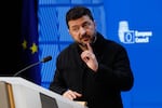Ukraine's President Volodymyr Zelenskyy speaks during a media conference at the EU summit in Brussels, Friday, Oct. 16, 2026.