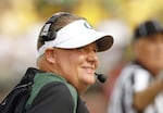 FILE - In this Sept. 8, 2012, file photo, Oregon coach Chip Kelly looks to the scoreboard during the first half of an NCAA college football game against Fresno State in Eugene, Ore. Kelly, now San Francisco 49ers head coach, said Wednesday, Nov. 30, 2016, that he has no interest in the Oregon Ducks coaching job and has not spoken to anyone associated with the program about it in the wake of Oregon coach Mark Helfrich's firing. Kelly was head coach at Oregon from 2009 to 2012, compiling a 46-7 record.