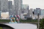 A crow perches on a light pole near the statue of the Olympics rings in Tokyo on Thursday, July 1, 2021. (AP Photo/Hiro Komae)