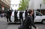 Portland Police repeatedly used flash bang grenades and tear gas against the marchers, May 1, 2017.