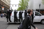 Portland Police repeatedly used flash bang grenades and tear gas against the marchers, May 1, 2017.