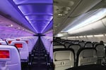 The different interiors of Virgin America (left) and Alaska Airlines (right) are striking. A potential takeover of Virgin by Alaska would require Alaska to evaluate the different interiors, integrate any changes (or not), or come up with something new entirely.