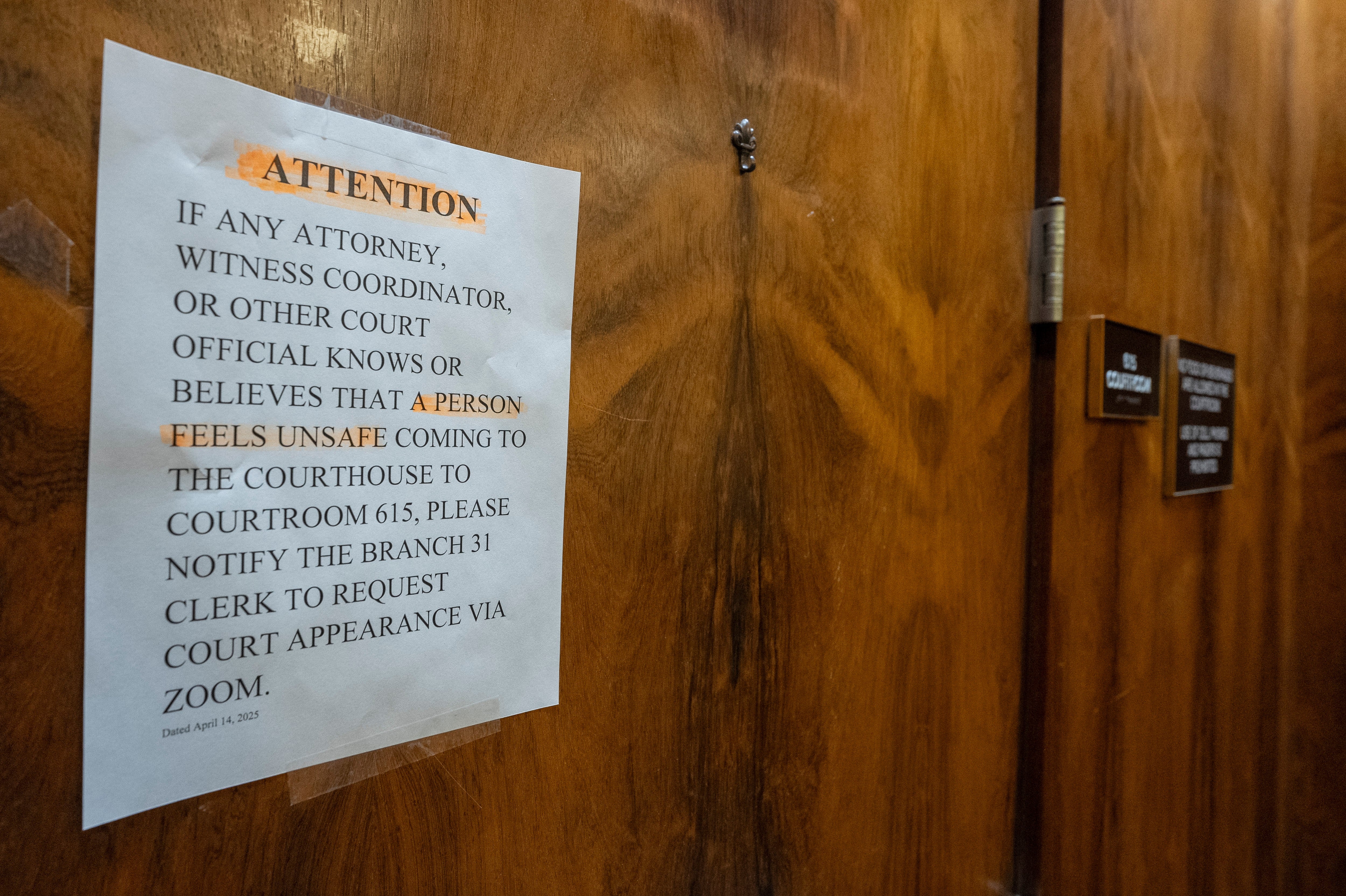 A sign is posted outside of county Judge Hannah Dugan's courtroom at the Milwaukee County Courthouse on April 25, the day she was arrested.
