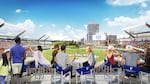 Artist's renderings show what a baseball stadium in Portland might look like, with seats behind home plate featuring a view of the Fremont Bridge.
