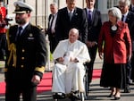 Pope Francis accompanied by Governor-General Mary Simon, right, arrives at the Citadelle de Quebec on Wednesday in Quebec City, Quebec City, Quebec.
