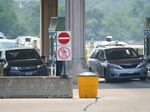 All four international border crossings between the United States and Canada in Western New York were closed Wednesday due to a "vehicle explosion" at the Rainbow Bridge. Here, drivers wait in line at the Rainbow Bridge on Aug. 9, 2021.