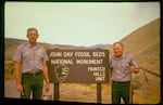 Daron Dierks, right, built the first signs for the John Day Fossil Beds' three sites. He placed the homemade signs around the national monument along with the park's superintendent Ben Ladd, pictured left.