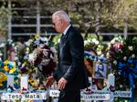 President Biden pays his respects at a makeshift memorial outside of Robb Elementary School in Uvalde, Texas on May 29, 2022.