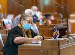 Sen. Betsy Johnson, D-Warren, on the Senate floor at the Oregon State Capitol, in May 2021, Salem, Ore.