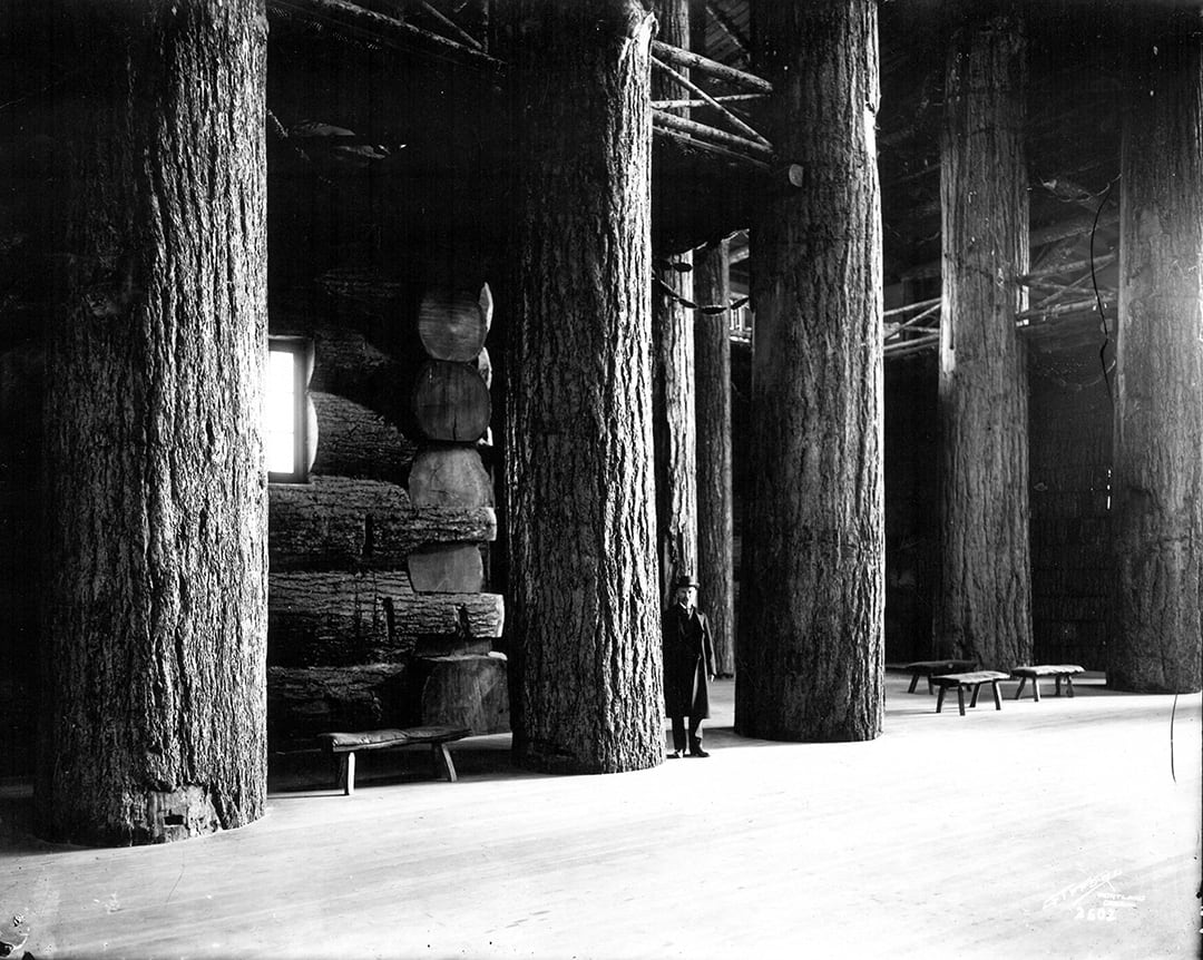 This photograph from 1905 shows the massive scale of the Lewis and Clark Exposition's Forestry Building.