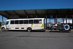 A Cascades East Transit Ride the River Shuttle operates in Bend, Ore., on June 17, 2026.
