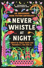 A black book cover with artwork that says the title "Never Whistle at Night"