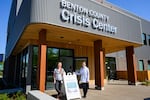 Team Lead Alia Gehr-Seloover and Program Manager Hailey Clark stand outside of the newly opened Benton County Crisis Center in downtown Corvallis, Ore., on July 15, 2025.