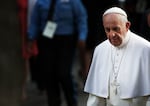 Pope Francis exits the memorial to the victims of the 9/11 attacks on Sept. 25, 2015, in New York City.