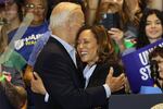 President Biden embraces Vice President Kamala Harris during a campaign event at IBEW Local Union #5 on Sept. 2, 2024, in Pittsburgh, Pa.