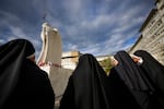 Nuns pray for Pope Francis in front of the Agostino Gemelli Polyclinic, in Rome, Thursday, Feb. 27, 2025, where Pope Francis is hospitalized since Friday, Feb. 14.